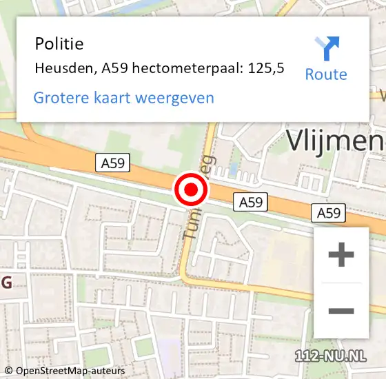 Locatie op kaart van de 112 melding: Politie Heusden, A59 hectometerpaal: 125,5 op 27 mei 2024 09:39