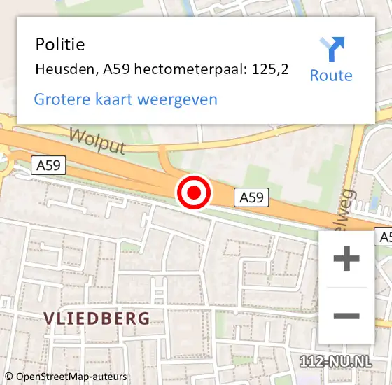 Locatie op kaart van de 112 melding: Politie Heusden, A59 hectometerpaal: 125,2 op 27 mei 2024 09:39