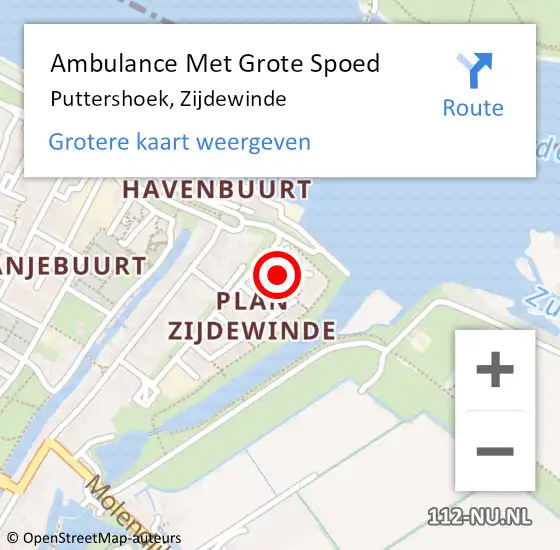 Locatie op kaart van de 112 melding: Ambulance Met Grote Spoed Naar Puttershoek, Zijdewinde op 27 mei 2024 10:19