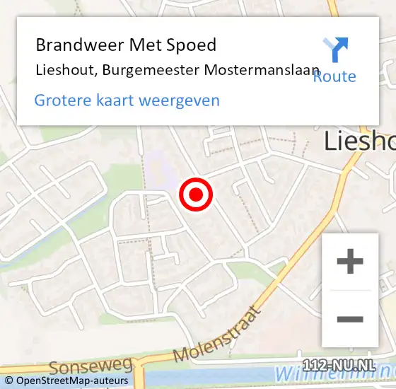 Locatie op kaart van de 112 melding: Brandweer Met Spoed Naar Lieshout, Burgemeester Mostermanslaan op 27 mei 2024 11:14