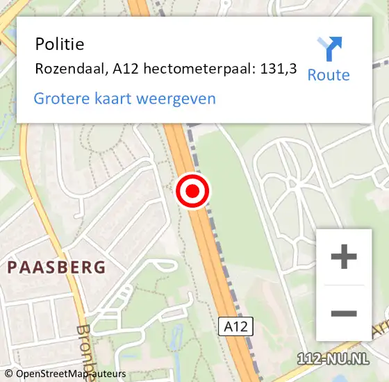 Locatie op kaart van de 112 melding: Politie Rozendaal, A12 hectometerpaal: 131,3 op 27 mei 2024 11:29