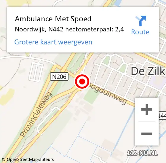 Locatie op kaart van de 112 melding: Ambulance Met Spoed Naar Noordwijk, N442 hectometerpaal: 2,4 op 27 mei 2024 11:53
