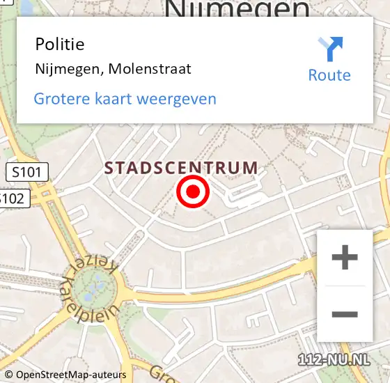 Locatie op kaart van de 112 melding: Politie Nijmegen, Molenstraat op 27 mei 2024 12:22