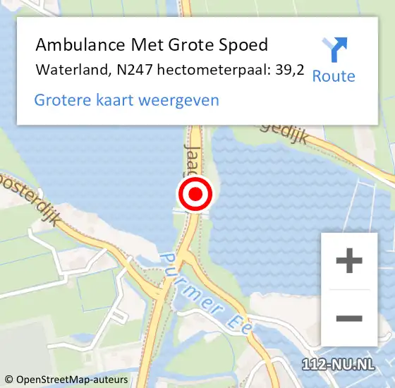 Locatie op kaart van de 112 melding: Ambulance Met Grote Spoed Naar Waterland, N247 hectometerpaal: 39,2 op 27 mei 2024 12:28