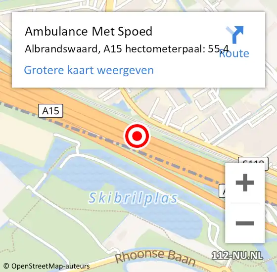 Locatie op kaart van de 112 melding: Ambulance Met Spoed Naar Albrandswaard, A15 hectometerpaal: 55,4 op 27 mei 2024 12:30