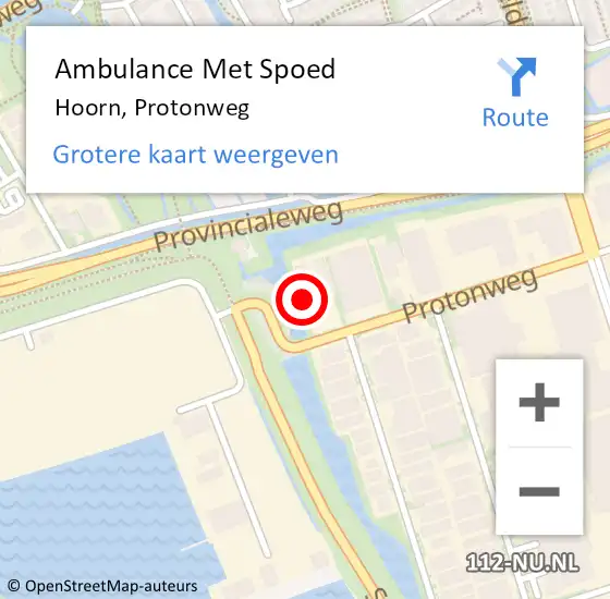 Locatie op kaart van de 112 melding: Ambulance Met Spoed Naar Hoorn, Protonweg op 27 mei 2024 13:01