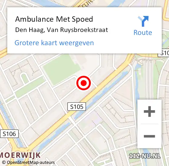 Locatie op kaart van de 112 melding: Ambulance Met Spoed Naar Den Haag, Van Ruysbroekstraat op 27 mei 2024 13:08