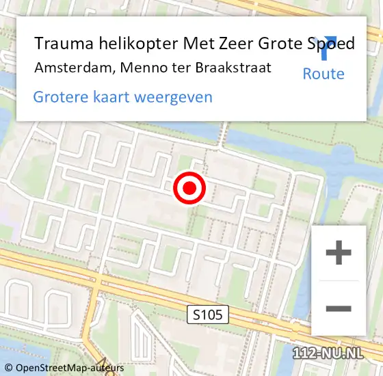 Locatie op kaart van de 112 melding: Trauma helikopter Met Zeer Grote Spoed Naar Amsterdam, Menno ter Braakstraat op 27 mei 2024 13:32