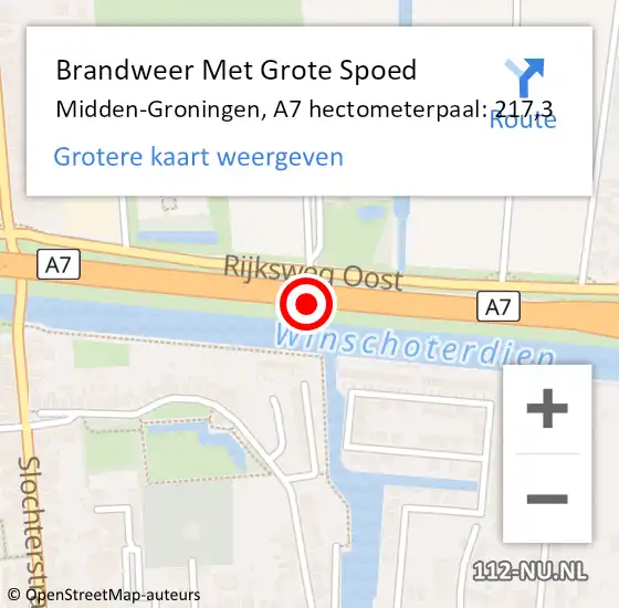 Locatie op kaart van de 112 melding: Brandweer Met Grote Spoed Naar Midden-Groningen, A7 hectometerpaal: 217,3 op 27 mei 2024 13:43