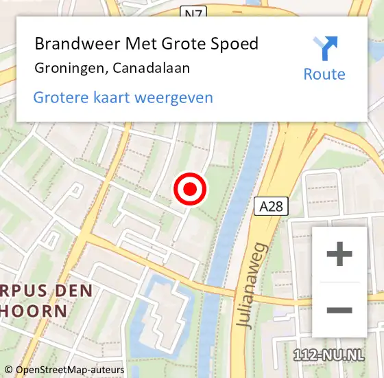 Locatie op kaart van de 112 melding: Brandweer Met Grote Spoed Naar Groningen, Canadalaan op 27 mei 2024 15:00