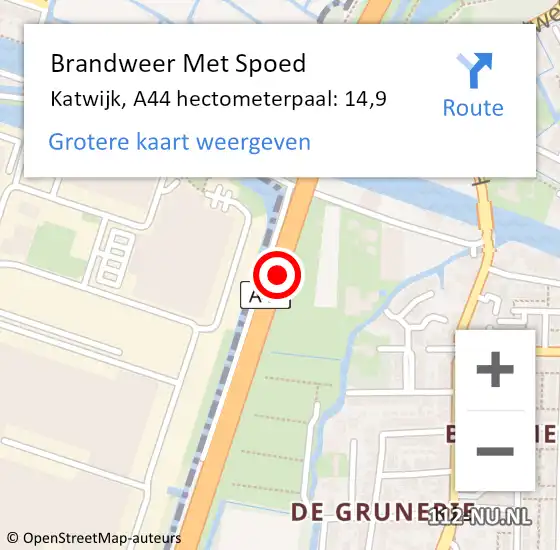 Locatie op kaart van de 112 melding: Brandweer Met Spoed Naar Katwijk, A44 hectometerpaal: 14,9 op 27 mei 2024 15:12
