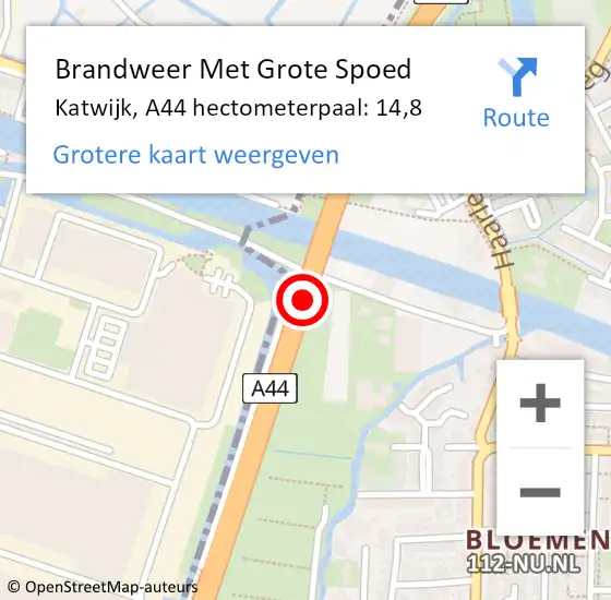 Locatie op kaart van de 112 melding: Brandweer Met Grote Spoed Naar Katwijk, A44 hectometerpaal: 14,8 op 27 mei 2024 15:25