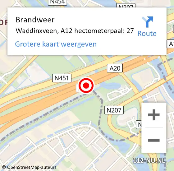 Locatie op kaart van de 112 melding: Brandweer Waddinxveen, A12 hectometerpaal: 27 op 27 mei 2024 15:54