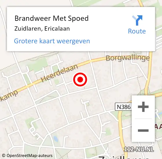 Locatie op kaart van de 112 melding: Brandweer Met Spoed Naar Zuidlaren, Ericalaan op 27 mei 2024 16:09