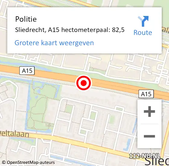 Locatie op kaart van de 112 melding: Politie Sliedrecht, A15 hectometerpaal: 82,5 op 27 mei 2024 19:10