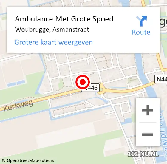 Locatie op kaart van de 112 melding: Ambulance Met Grote Spoed Naar Woubrugge, Asmanstraat op 27 mei 2024 19:50