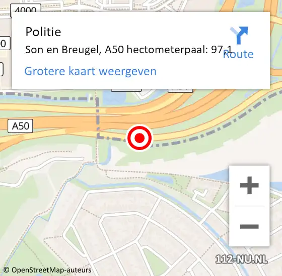 Locatie op kaart van de 112 melding: Politie Son en Breugel, A50 hectometerpaal: 97,1 op 27 mei 2024 20:31