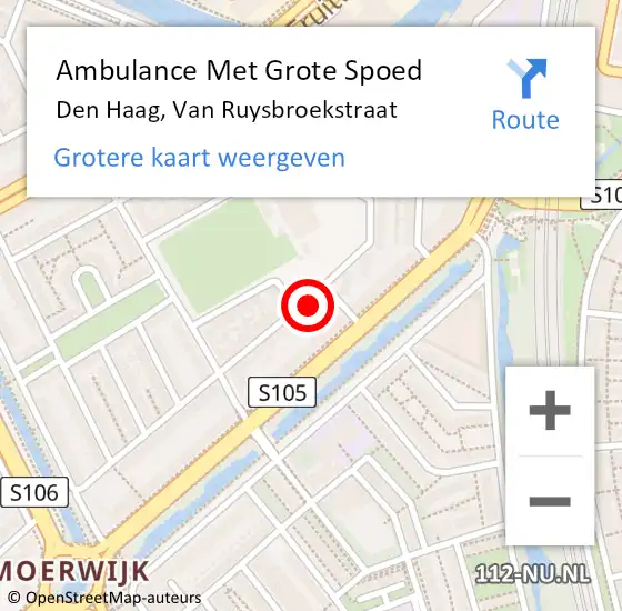 Locatie op kaart van de 112 melding: Ambulance Met Grote Spoed Naar Den Haag, Van Ruysbroekstraat op 27 mei 2024 21:52