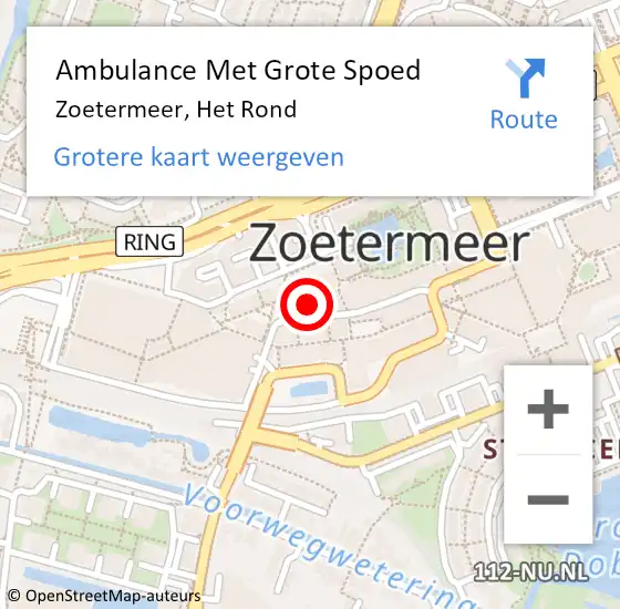 Locatie op kaart van de 112 melding: Ambulance Met Grote Spoed Naar Zoetermeer, Het Rond op 28 mei 2024 04:35