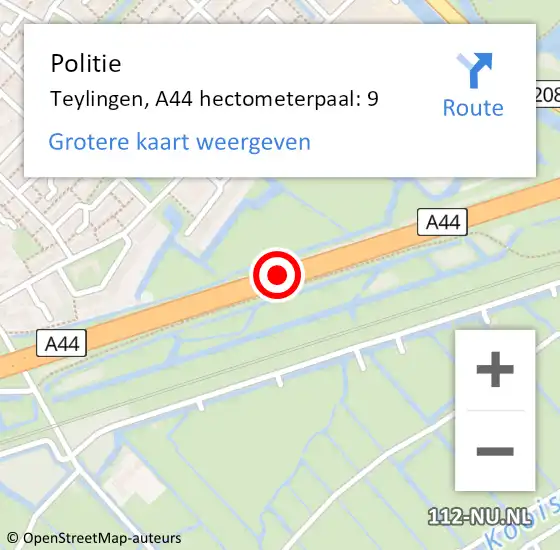 Locatie op kaart van de 112 melding: Politie Teylingen, A44 hectometerpaal: 9 op 28 mei 2024 05:39