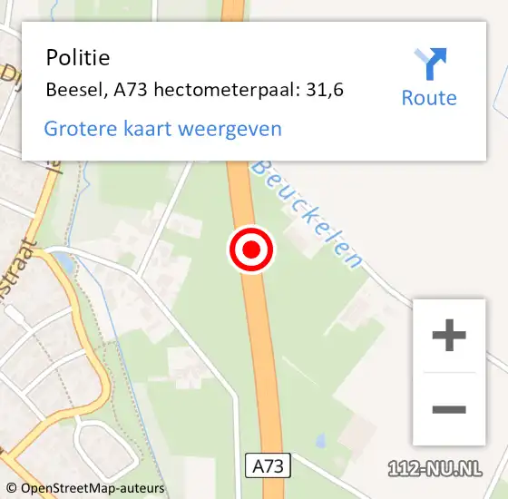 Locatie op kaart van de 112 melding: Politie Beesel, A73 hectometerpaal: 31,6 op 28 mei 2024 05:55