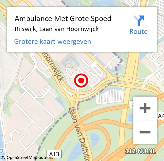 Locatie op kaart van de 112 melding: Ambulance Met Grote Spoed Naar Rijswijk, Laan van Hoornwijck op 28 mei 2024 06:24