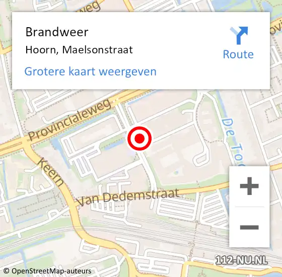 Locatie op kaart van de 112 melding: Brandweer Hoorn, Maelsonstraat op 28 mei 2024 07:17