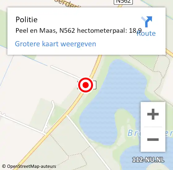 Locatie op kaart van de 112 melding: Politie Peel en Maas, N562 hectometerpaal: 18,9 op 28 mei 2024 08:10