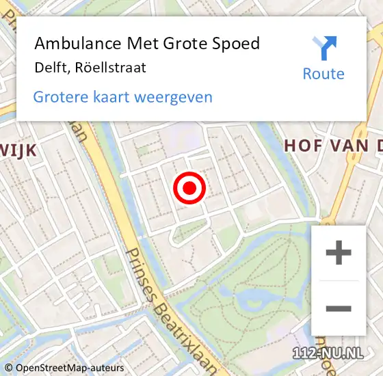 Locatie op kaart van de 112 melding: Ambulance Met Grote Spoed Naar Delft, Röellstraat op 28 mei 2024 08:28