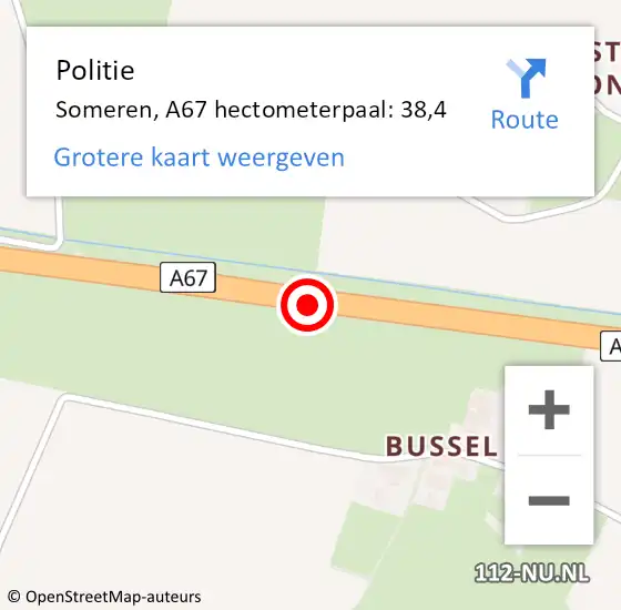 Locatie op kaart van de 112 melding: Politie Someren, A67 hectometerpaal: 38,4 op 28 mei 2024 08:39