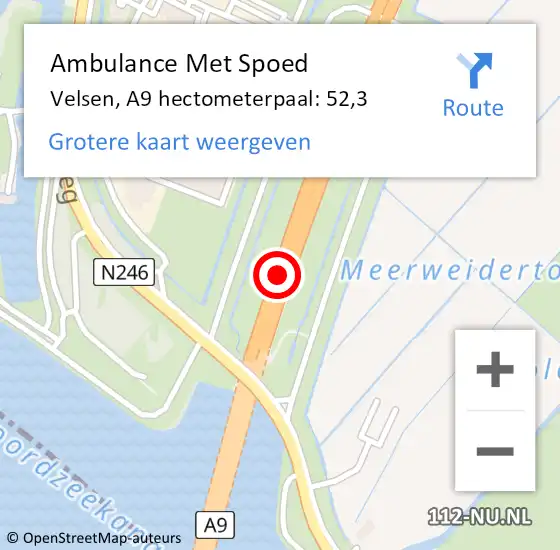 Locatie op kaart van de 112 melding: Ambulance Met Spoed Naar Velsen, A9 hectometerpaal: 52,3 op 28 mei 2024 08:43