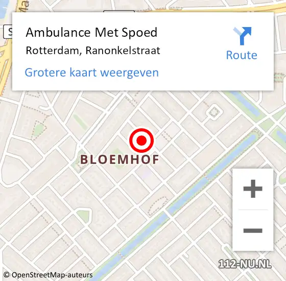 Locatie op kaart van de 112 melding: Ambulance Met Spoed Naar Rotterdam, Ranonkelstraat op 28 mei 2024 09:10