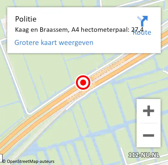 Locatie op kaart van de 112 melding: Politie Kaag en Braassem, A4 hectometerpaal: 27,4 op 28 mei 2024 09:40