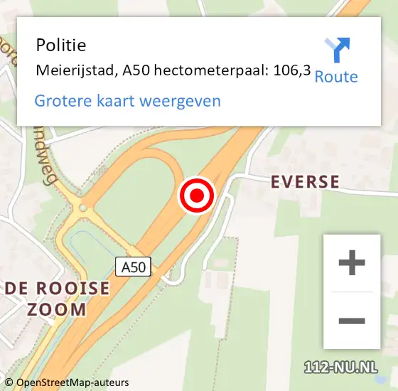 Locatie op kaart van de 112 melding: Politie Meierijstad, A50 hectometerpaal: 106,3 op 28 mei 2024 09:40