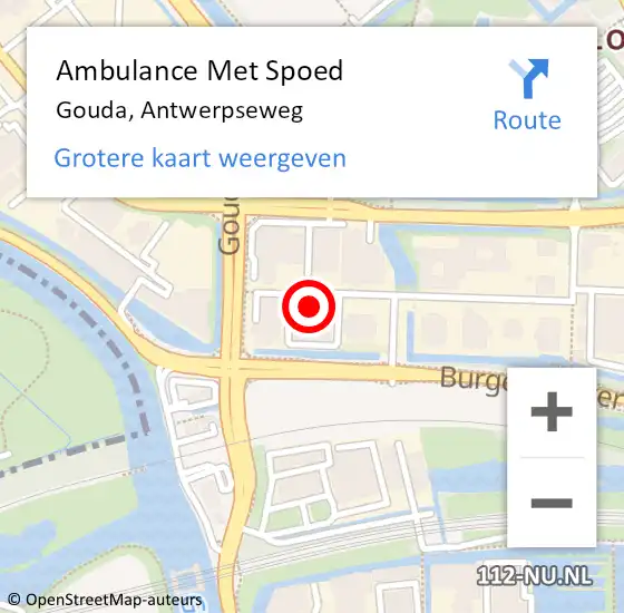 Locatie op kaart van de 112 melding: Ambulance Met Spoed Naar Gouda, Antwerpseweg op 28 mei 2024 09:50