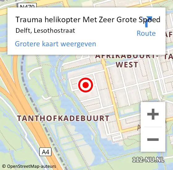 Locatie op kaart van de 112 melding: Trauma helikopter Met Zeer Grote Spoed Naar Delft, Lesothostraat op 28 mei 2024 10:46