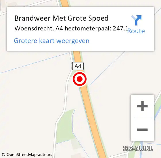 Locatie op kaart van de 112 melding: Brandweer Met Grote Spoed Naar Woensdrecht, A4 hectometerpaal: 247,1 op 28 mei 2024 11:02
