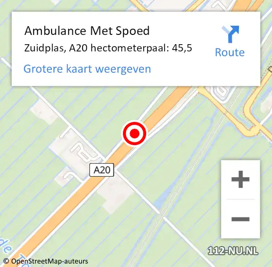 Locatie op kaart van de 112 melding: Ambulance Met Spoed Naar Zuidplas, A20 hectometerpaal: 45,5 op 28 mei 2024 11:10