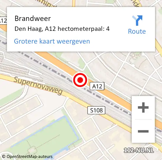 Locatie op kaart van de 112 melding: Brandweer Den Haag, A12 hectometerpaal: 4 op 28 mei 2024 13:16