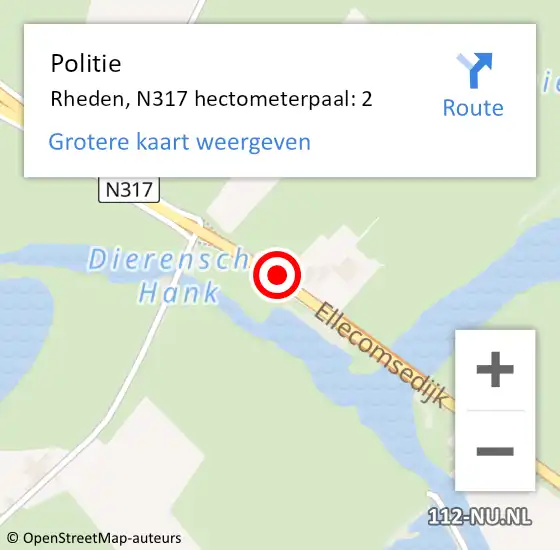 Locatie op kaart van de 112 melding: Politie Rheden, N317 hectometerpaal: 2 op 28 mei 2024 14:10