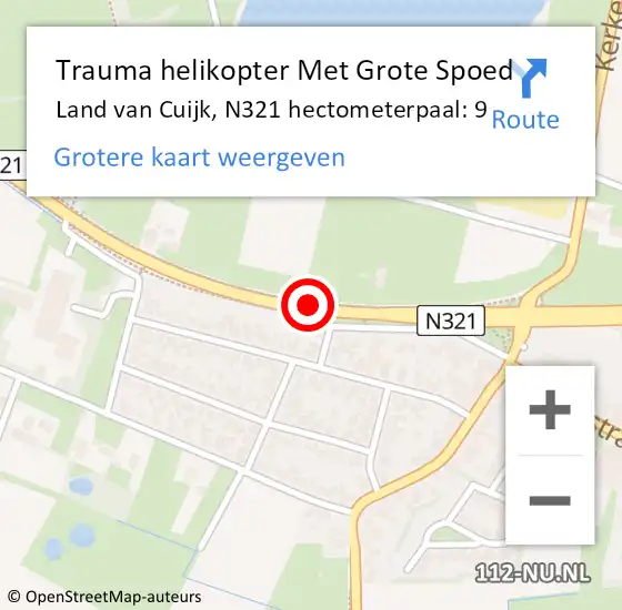 Locatie op kaart van de 112 melding: Trauma helikopter Met Grote Spoed Naar Land van Cuijk, N321 hectometerpaal: 9 op 28 mei 2024 14:35