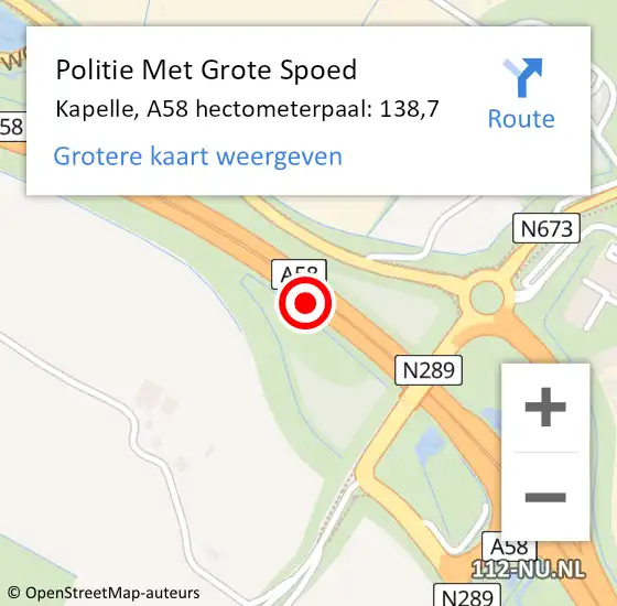 Locatie op kaart van de 112 melding: Politie Met Grote Spoed Naar Kapelle, A58 hectometerpaal: 138,7 op 28 mei 2024 16:23