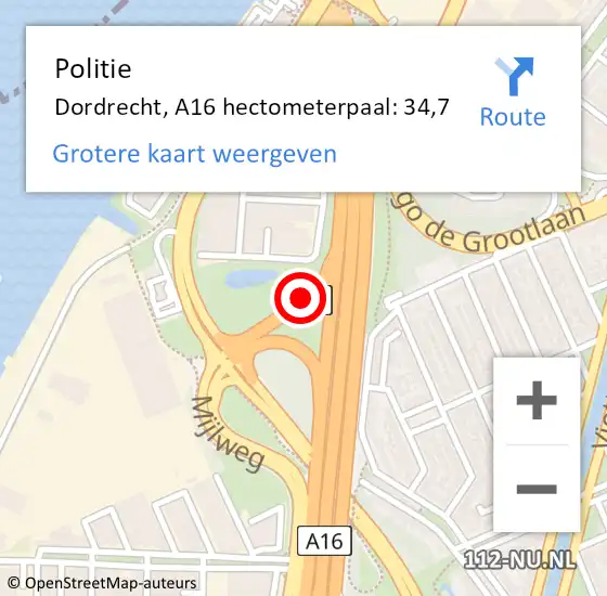 Locatie op kaart van de 112 melding: Politie Dordrecht, A16 hectometerpaal: 34,7 op 28 mei 2024 16:32