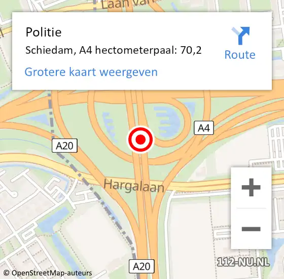 Locatie op kaart van de 112 melding: Politie Schiedam, A4 hectometerpaal: 70,2 op 28 mei 2024 17:11
