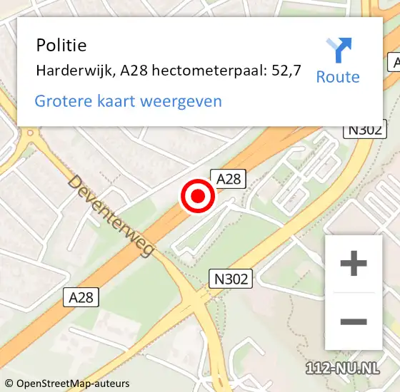 Locatie op kaart van de 112 melding: Politie Harderwijk, A28 hectometerpaal: 52,7 op 28 mei 2024 17:20
