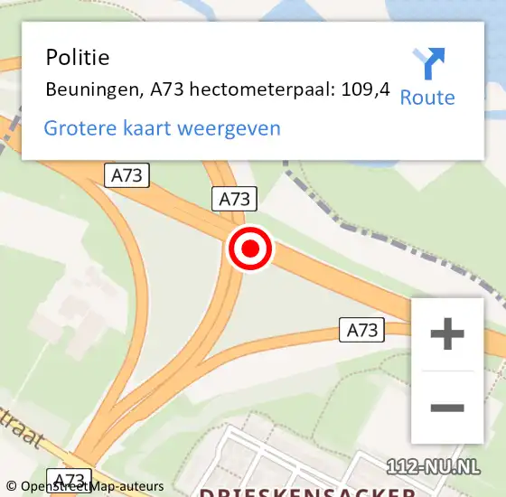 Locatie op kaart van de 112 melding: Politie Beuningen, A73 hectometerpaal: 109,4 op 28 mei 2024 17:47