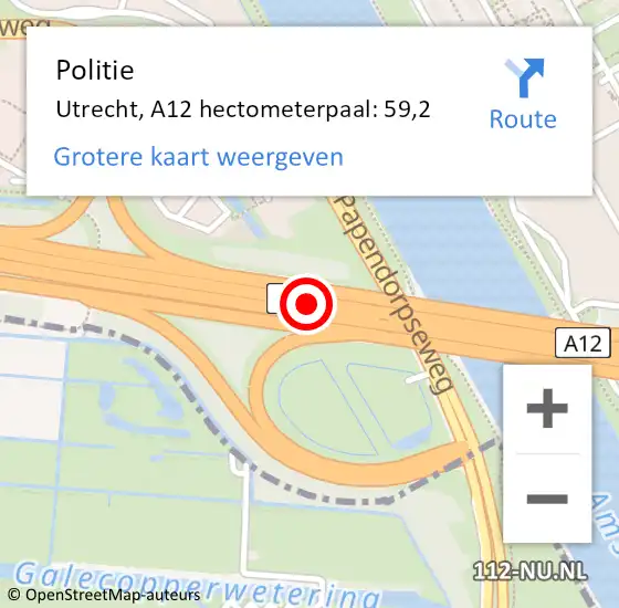 Locatie op kaart van de 112 melding: Politie Utrecht, A12 hectometerpaal: 59,2 op 28 mei 2024 18:35