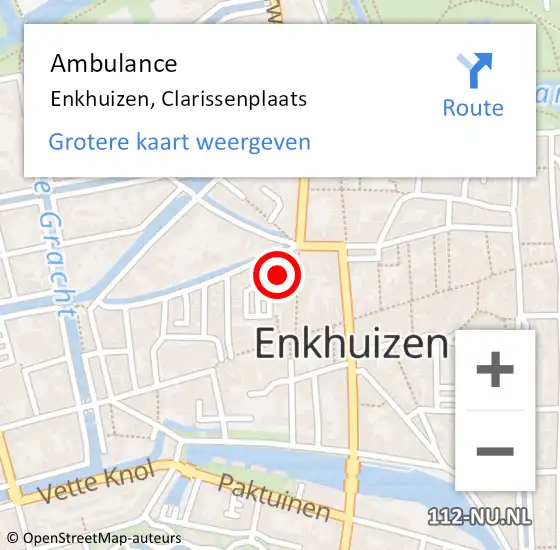 Locatie op kaart van de 112 melding: Ambulance Enkhuizen, Clarissenplaats op 28 mei 2024 19:05