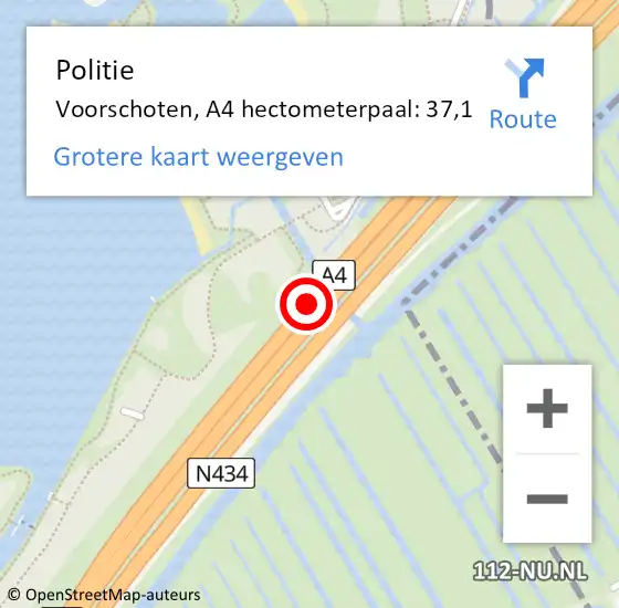 Locatie op kaart van de 112 melding: Politie Voorschoten, A4 hectometerpaal: 37,1 op 28 mei 2024 20:05