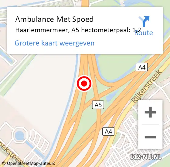 Locatie op kaart van de 112 melding: Ambulance Met Spoed Naar Haarlemmermeer, A5 hectometerpaal: 1,2 op 28 mei 2024 20:34